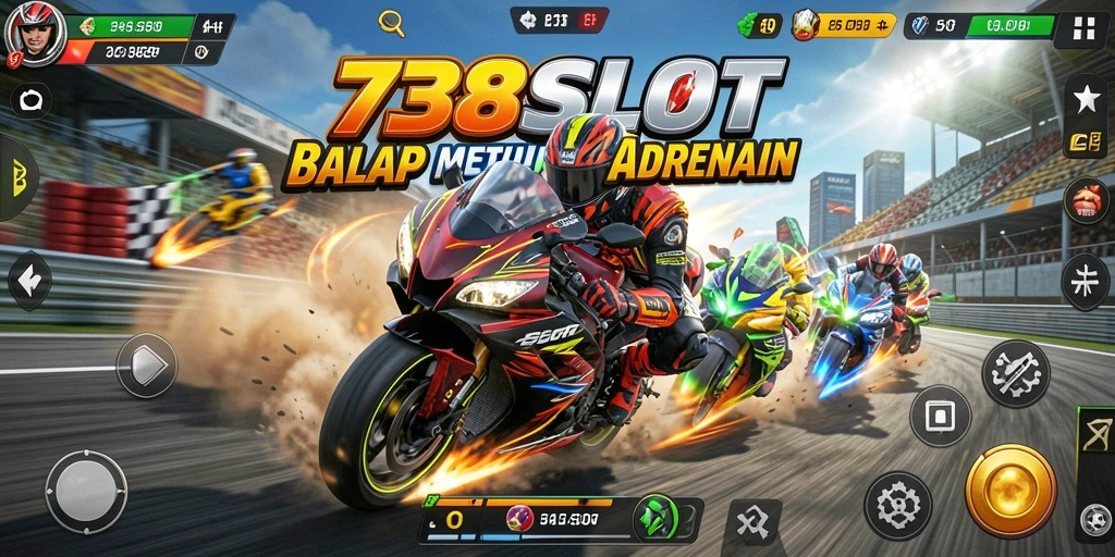 Screenshot gameplay 738SLOT menampilkan aksi balap motor yang mendebarkan.