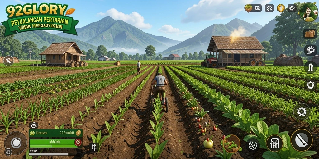 Tangkapan layar gameplay <strong>92GLORY</strong> menampilkan lahan pertanian yang indah dan berwarna-warni.