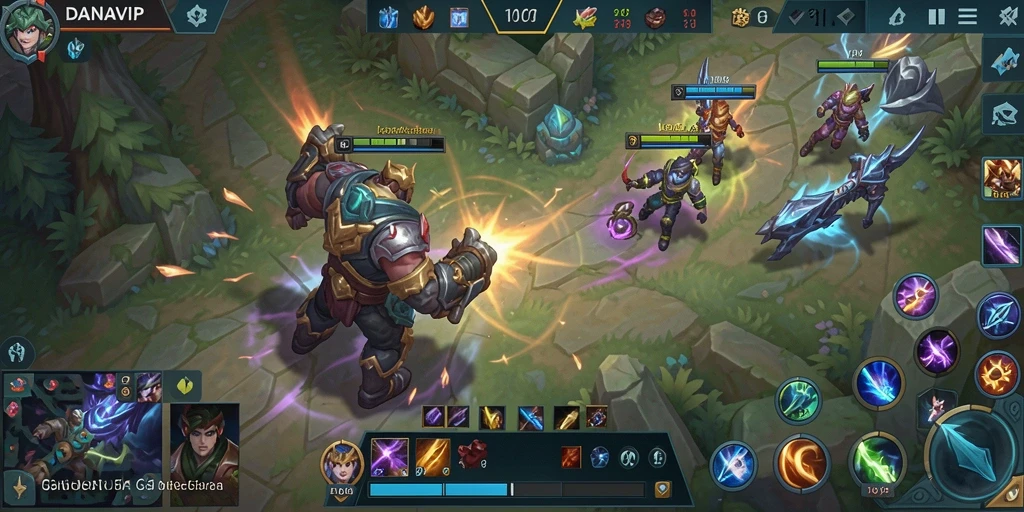 Screenshot gameplay utama DANAVIP menampilkan aksi pertempuran seru di arena.