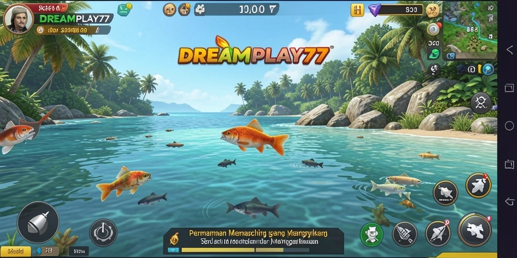 Screenshot utama DREAMPLAY77 menunjukkan pemain menangkap ikan besar dengan latar belakang laut yang indah.