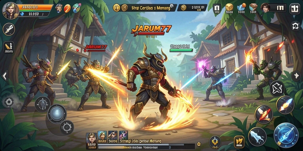Screenshot gameplay JARUM77 yang menampilkan pertarungan strategis.