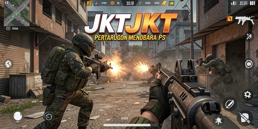 Screenshot utama JKTJKT menampilkan aksi tembak-menembak yang mendebarkan.