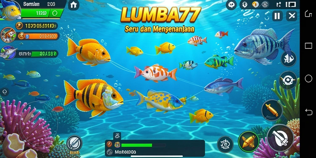 Screenshot gameplay LUMBA77 saat menembak ikan di dunia bawah laut.