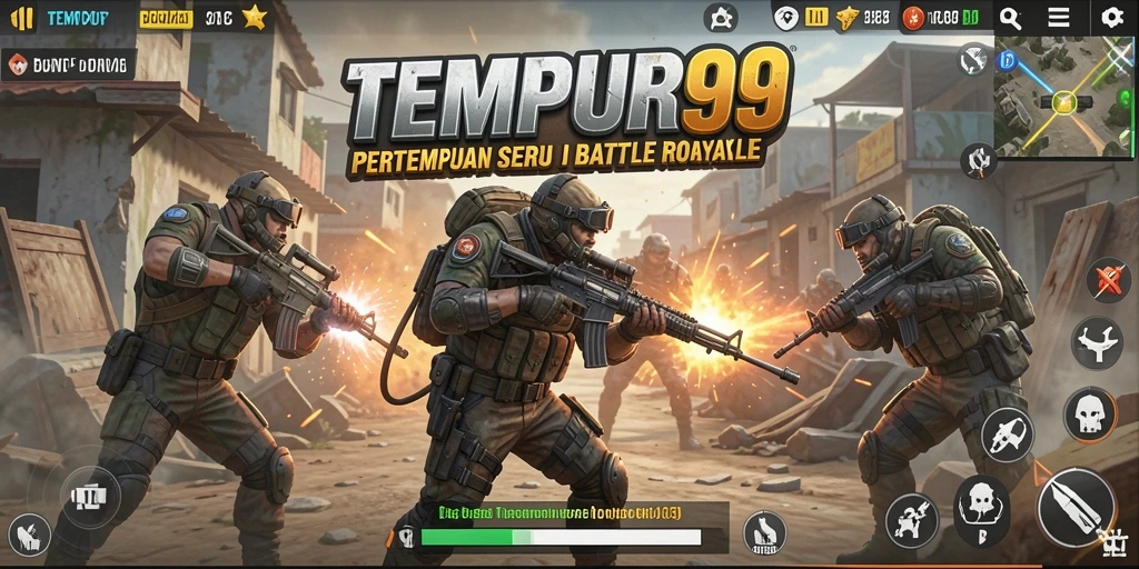 Tampilan game TEMPUR99 menampilkan aksi Battle Royale yang mendebarkan.